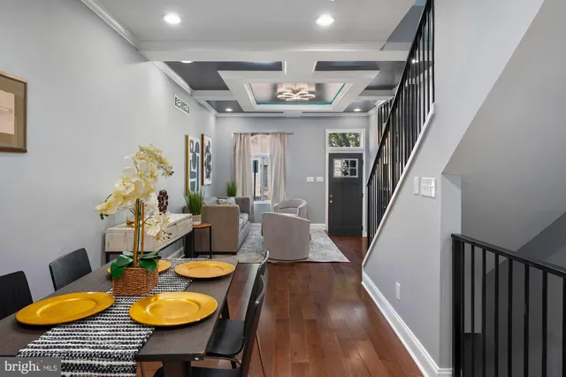 a view of a dining room with furniture
