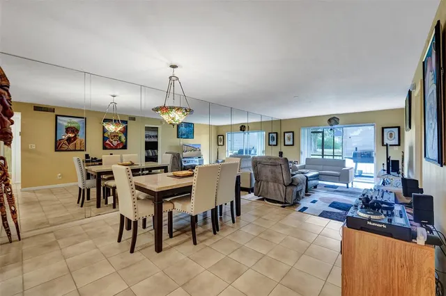 a view of a dining room with furniture