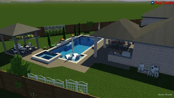 swimming pool view with a garden space