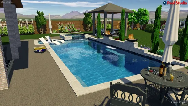 a view of swimming pool with outdoor seating