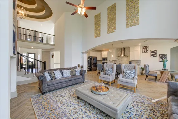 a living room with furniture and a table