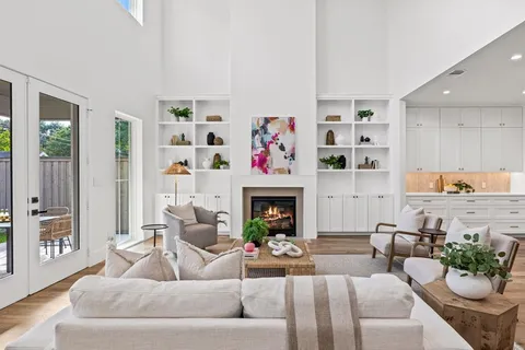 a living room with furniture fireplace and potted plant