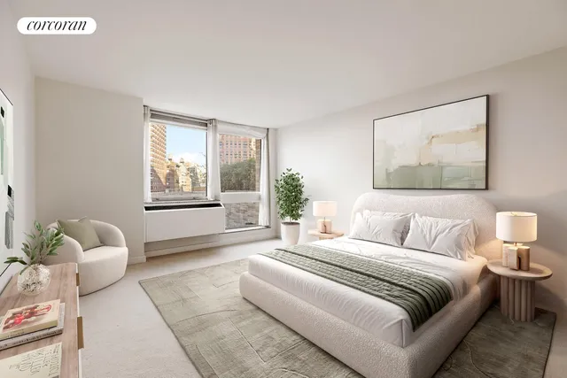 a bedroom with a bed and a couch