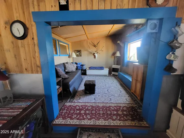 a living room with furniture and a rug