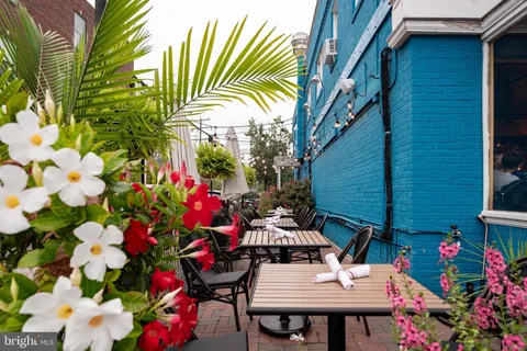 an outdoor space with seating