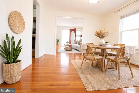a dining room with furniture a potted plant and wooden floor