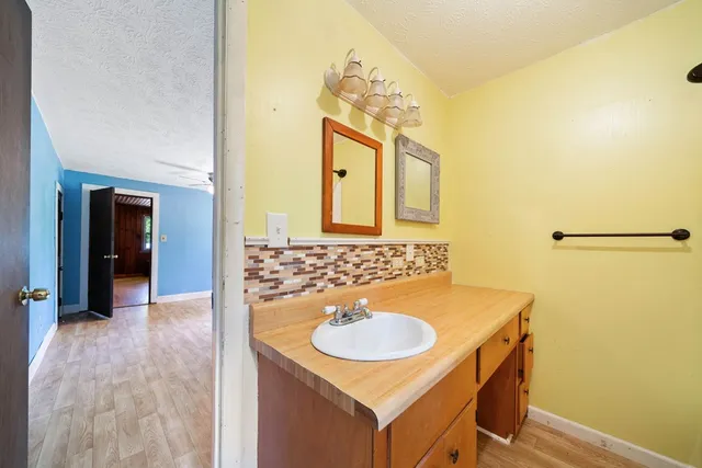 a bathroom with a sink and a mirror