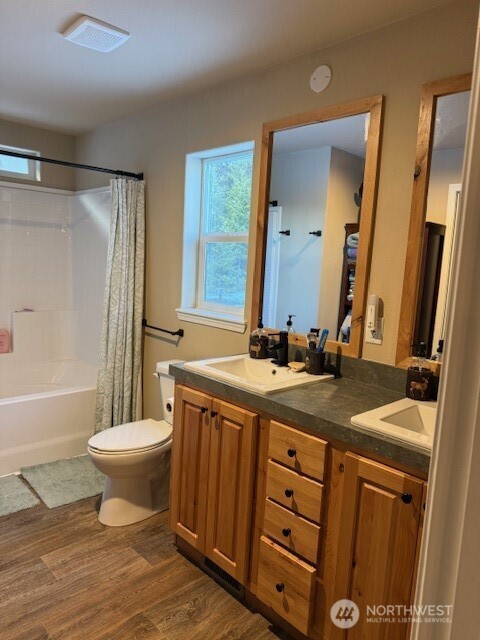 94 Grafton Road Wauconda, WA 98859 - Photo 25 of 37 a bathroom with a double vanity sink a mirror and a toilet
