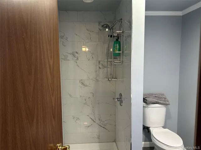 a bathroom with a toilet and shower
