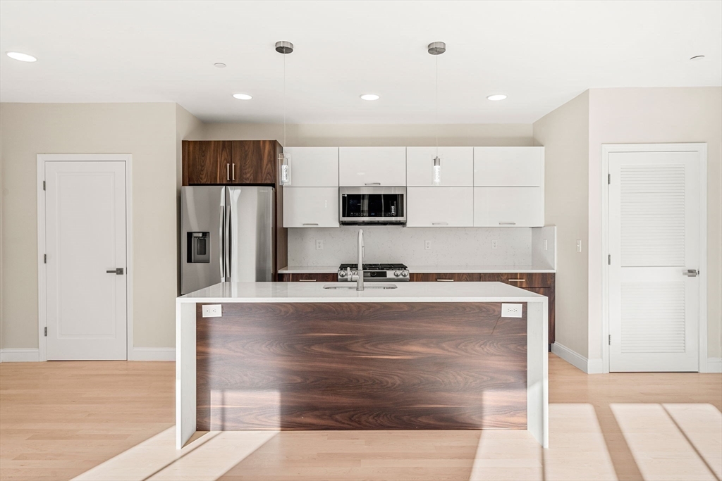 124 Warren Street, Unit 202 Boston, MA 02119 - Photo 14 of 23 a kitchen with kitchen island a counter top space cabinets and stainless steel appliances
