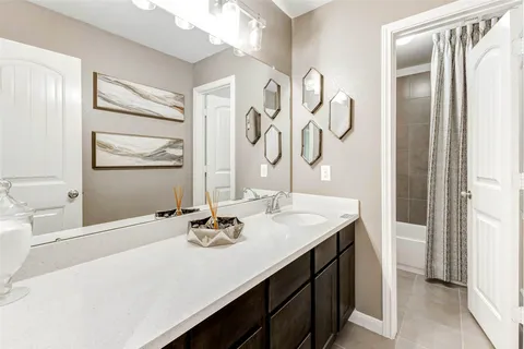 a bathroom with a sink a mirror and a shower