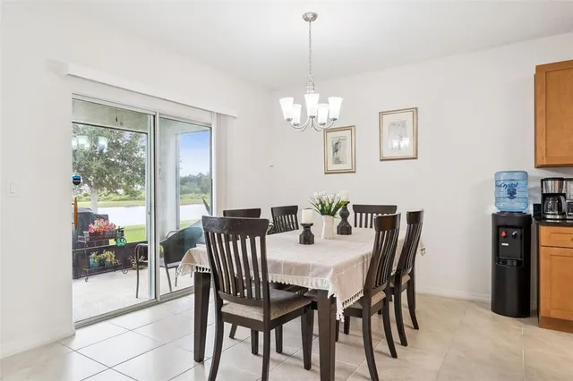 a view of a dining room with furniture window and outside view