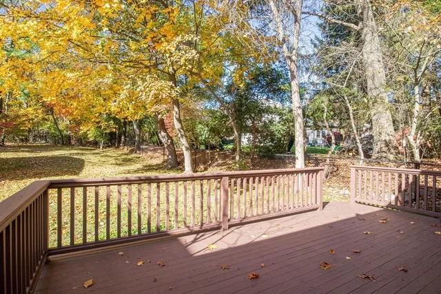 a view of backyard with deck and wooden floor