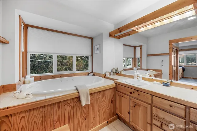 a bathroom with a sink and a large mirror