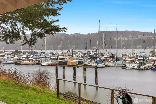 a view of a lake with boats and trees