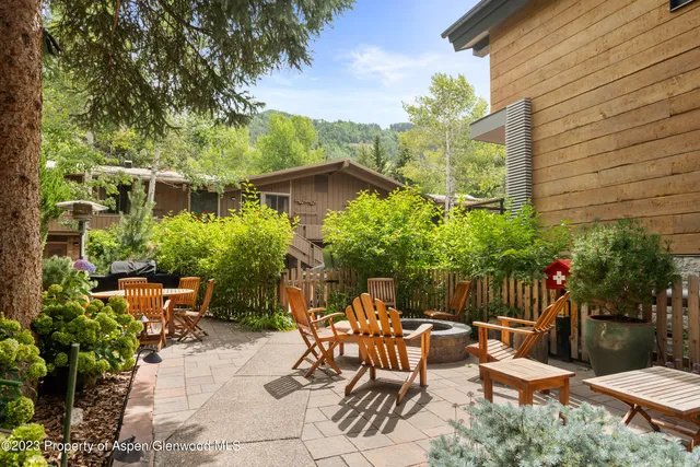 a view of backyard with outdoor seating and plants
