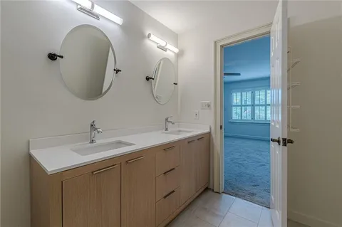 an empty room with a bathroom