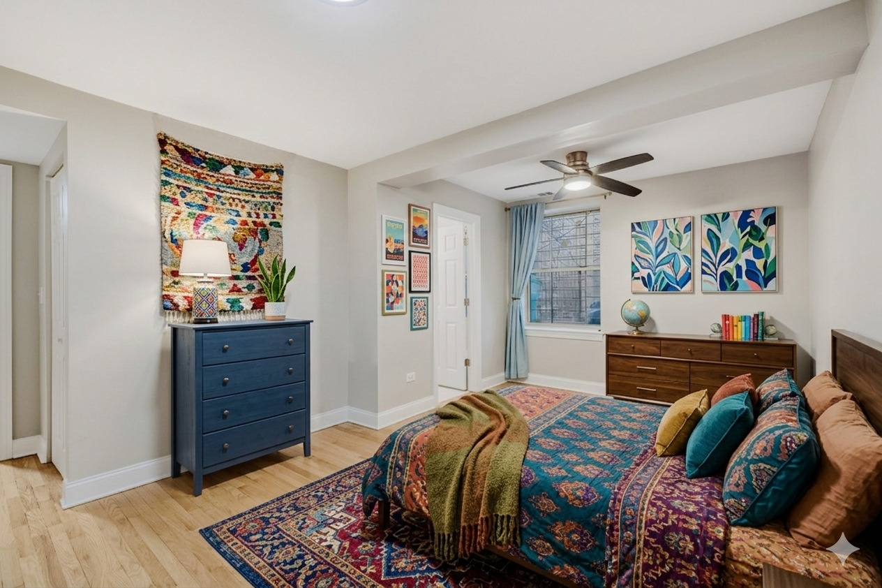 6450 North Bell Avenue, Unit G Chicago, IL 60645 - Photo 12 of 18 a bedroom with a bed and painting on the wall