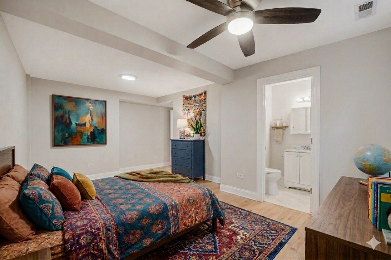 6450 North Bell Avenue, Unit G Chicago, IL 60645 - Photo 14 of 18 a bedroom with a bed and wooden floor