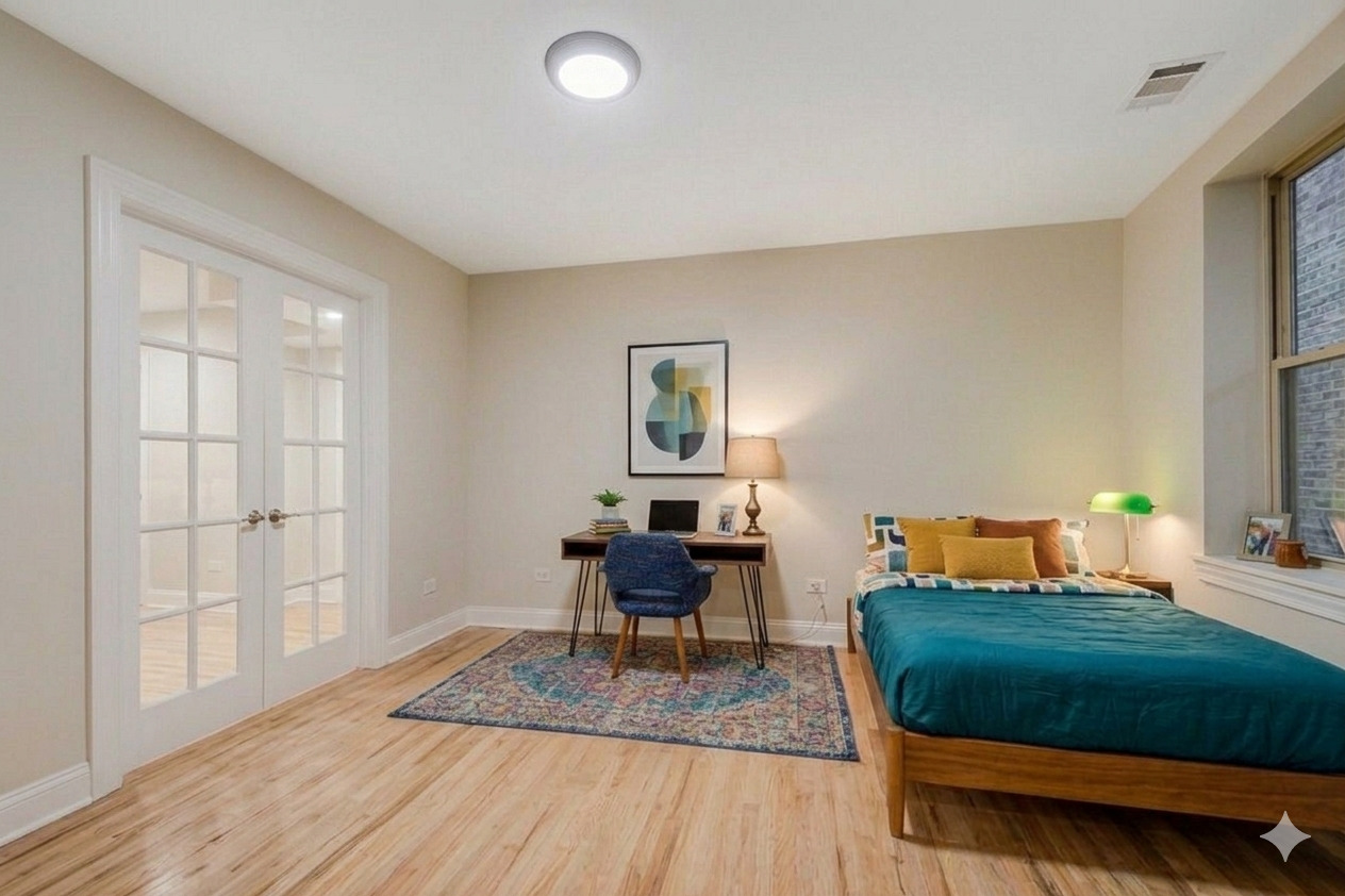 6450 North Bell Avenue, Unit G Chicago, IL 60645 - Photo 16 of 18 a bedroom with a bed and wooden floor