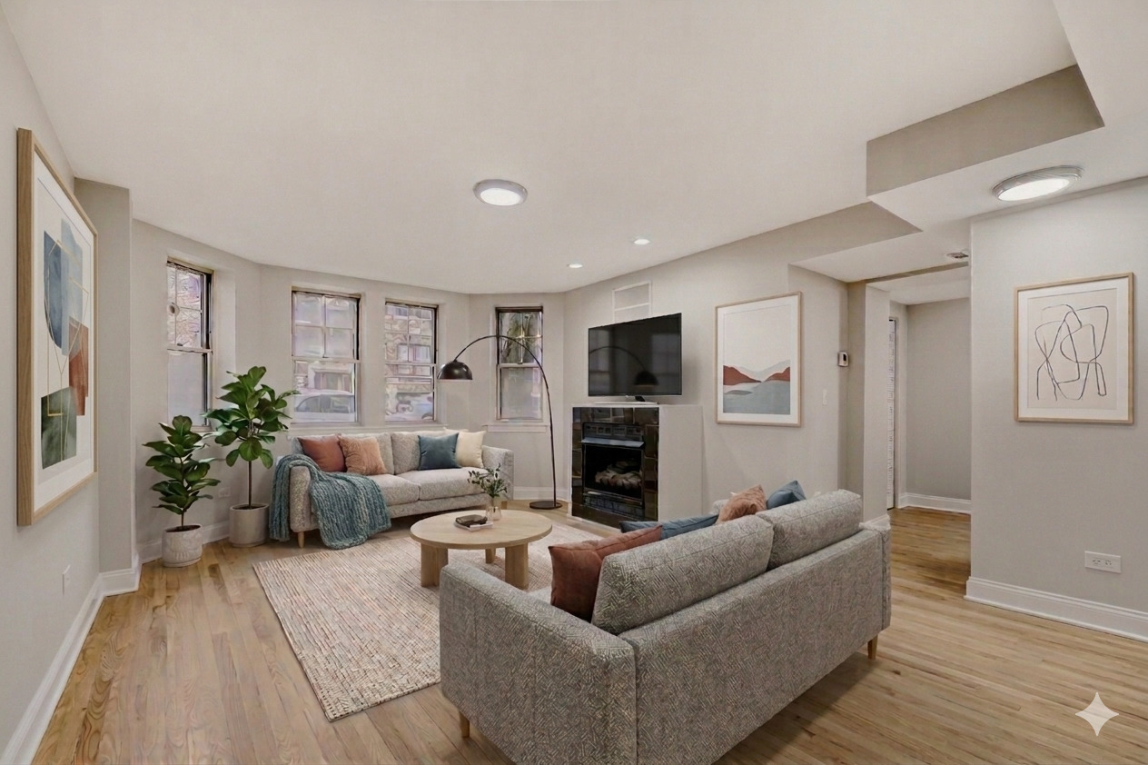 6450 North Bell Avenue, Unit G Chicago, IL 60645 - Photo 4 of 18 a living room with furniture and a flat screen tv