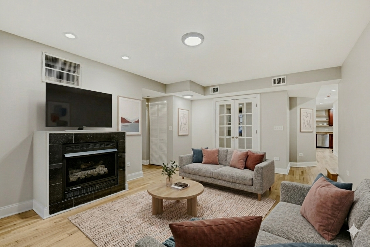 6450 North Bell Avenue, Unit G Chicago, IL 60645 - Photo 6 of 18 a living room with furniture and a flat screen tv