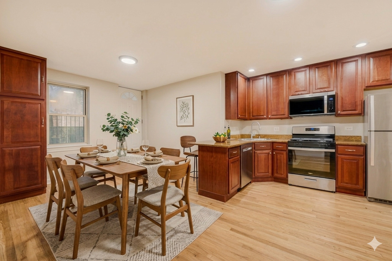 6450 North Bell Avenue, Unit G Chicago, IL 60645 - Photo 10 of 18 a kitchen with stainless steel appliances kitchen island granite countertop a stove a sink a microwave and a refrigerator