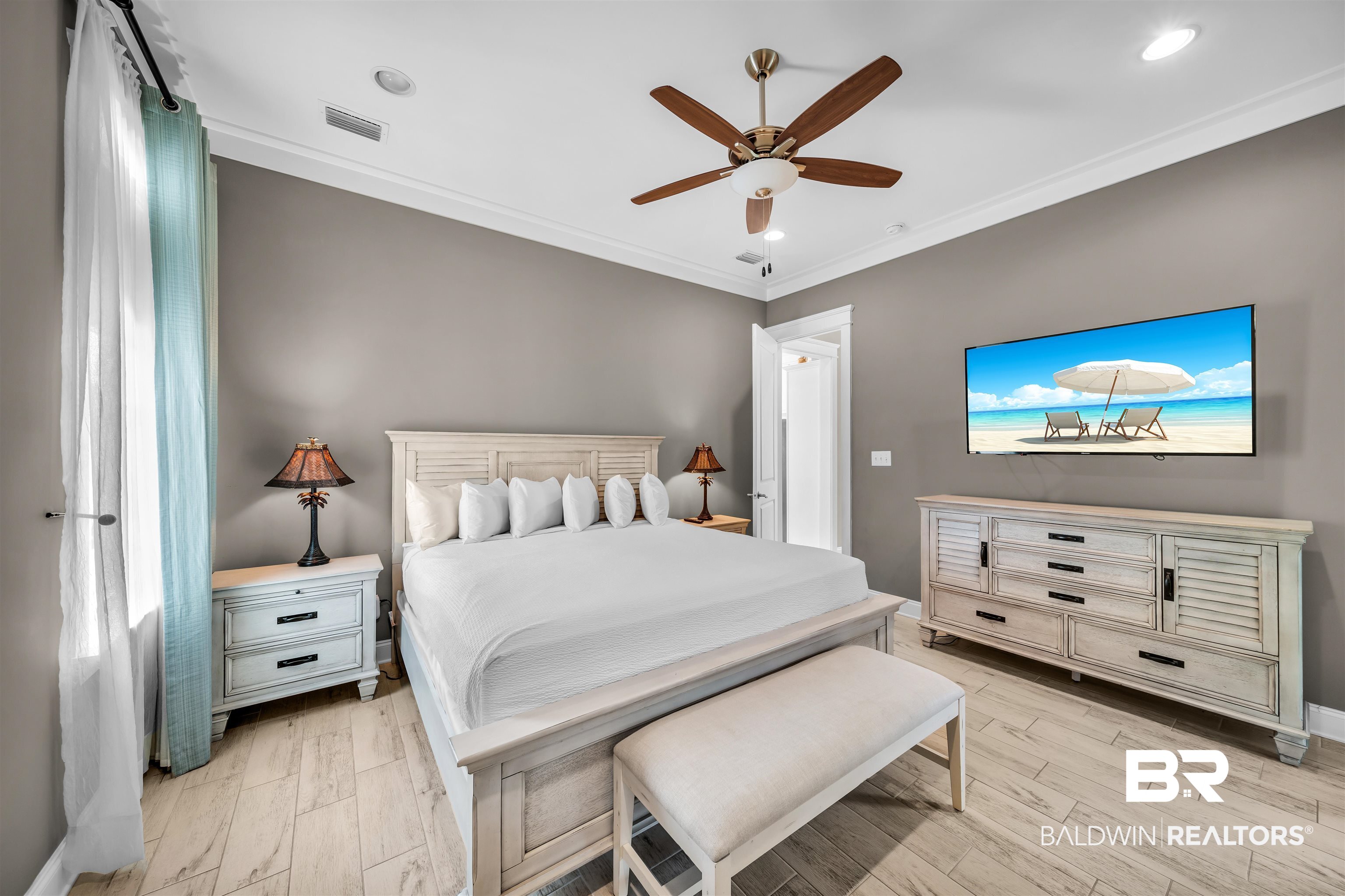 47 Parks Edge Orange Beach, AL 36561 - Photo 9 of 40 Bedroom with ornamental molding, ceiling fan, recessed lighting, and light wood-style floors