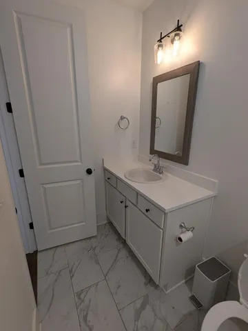 a bathroom with a double vanity sink mirror and toilet