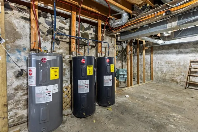 a view of a storage room with wooden walls