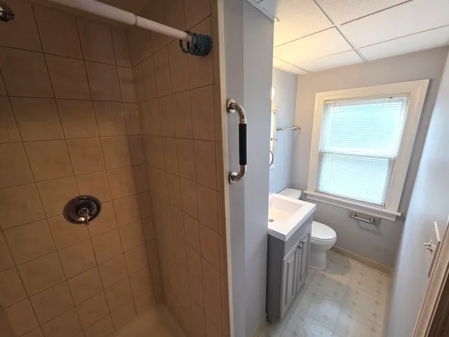 a bathroom with a shower a toilet and a sink