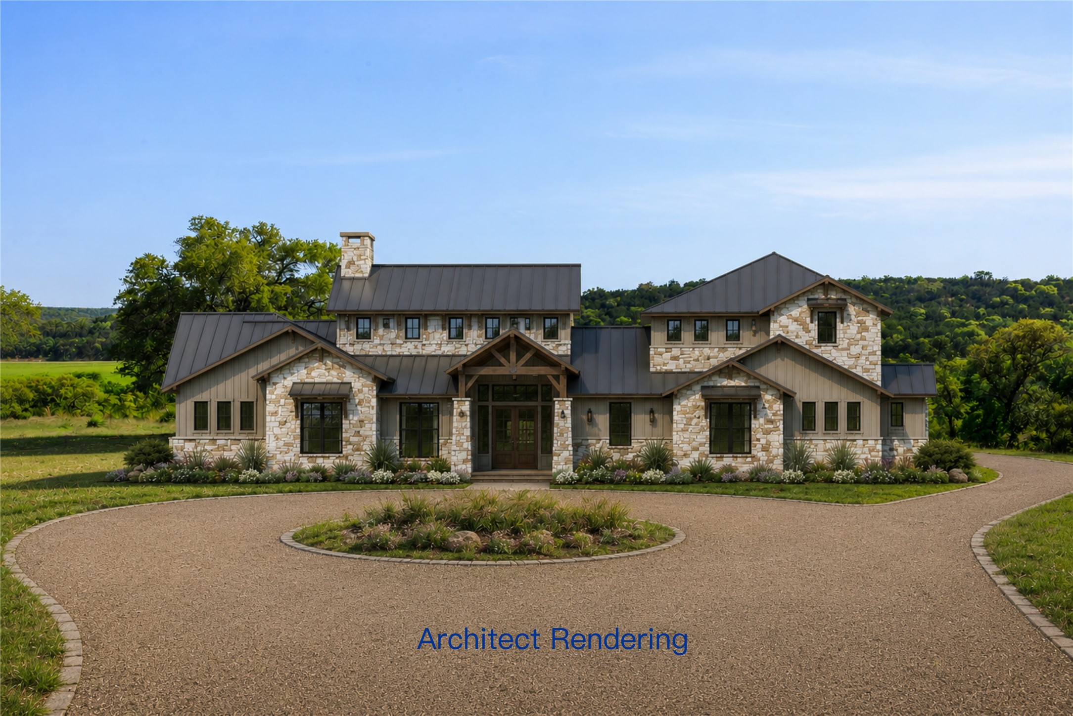 Lot 2 Byrd Ranch Road Johnson City, TX 78636 - Photo 3 of 40 A grand stone and wood-sided facade welcomes guests with a charming covered entry and circular drive.