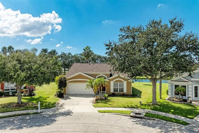 a view of a house with a yard and tree s