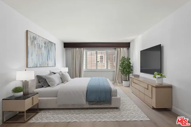 a spacious bedroom with a large bed and a flat screen television