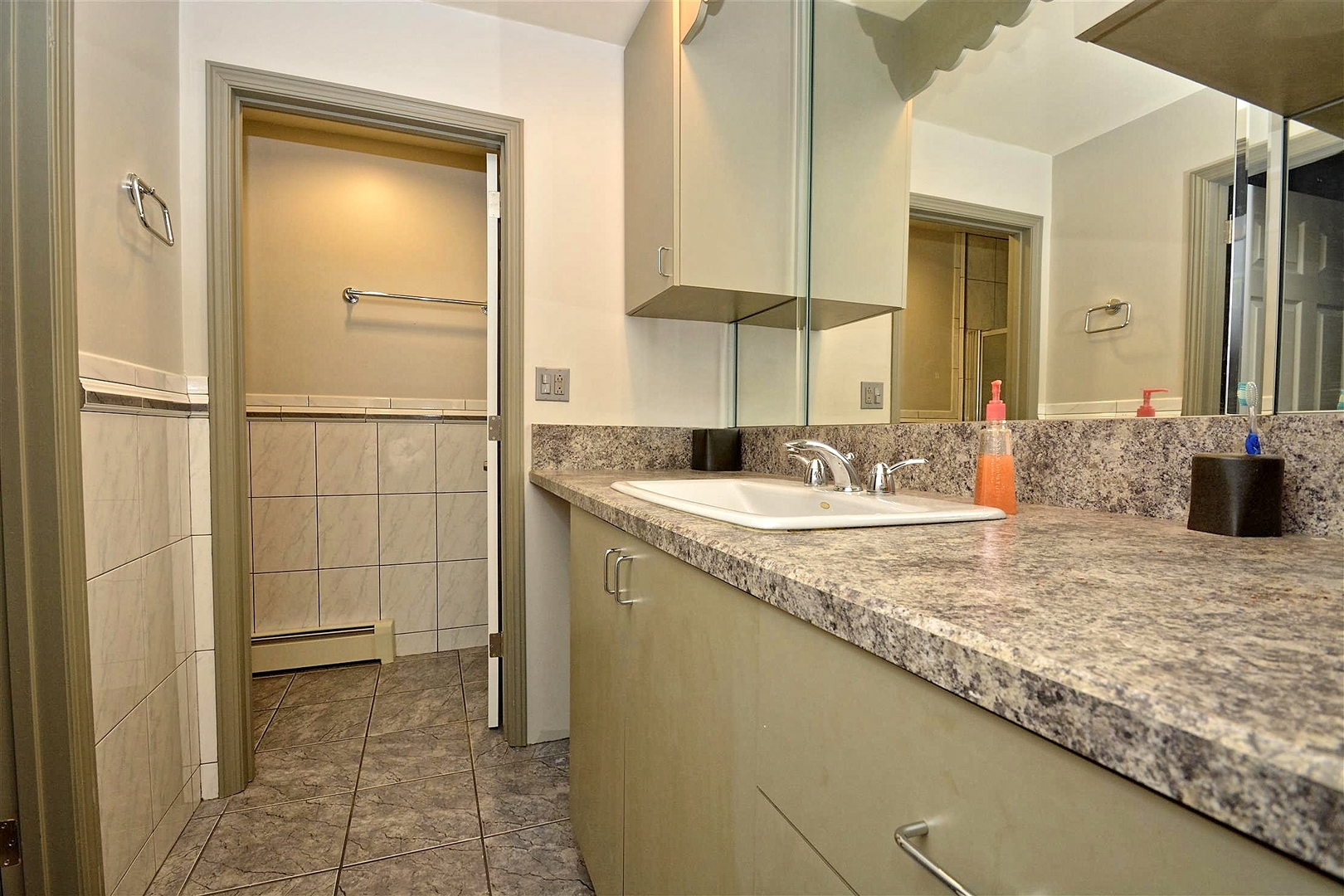 6138 Birmingham Street Chicago Ridge, IL 60415 - Photo 12 of 26 a bathroom with a granite countertop sink and a mirror