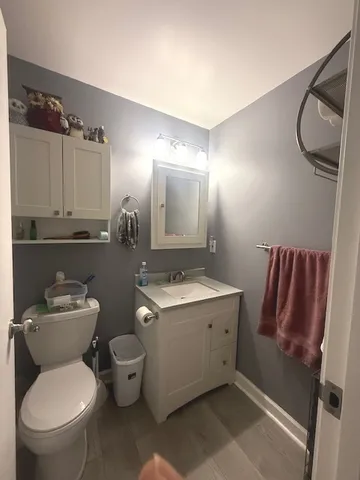 a bathroom with a toilet sink and mirror