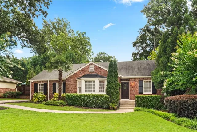 a view of a backyard with large trees