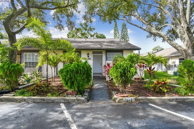 front view of house with potted plants