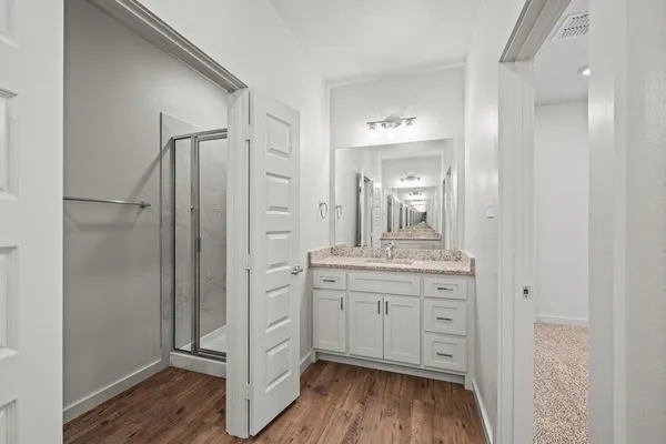 a bathroom with a granite countertop sink a mirror and shower