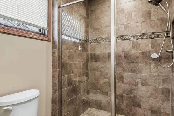 a bathroom with a shower and a toilet