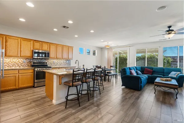 a view of a dining room with furniture