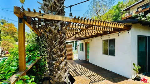 a view of roof deck with potted plants and palm trees