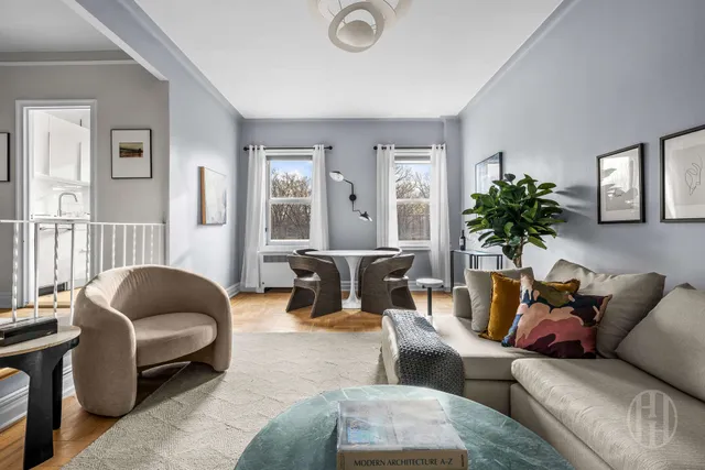 a living room with furniture and a potted plant