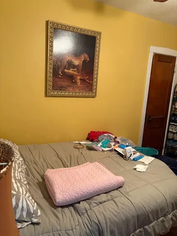 a bedroom with a bed and small closet