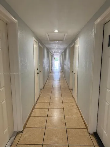 a hallway with view of a building