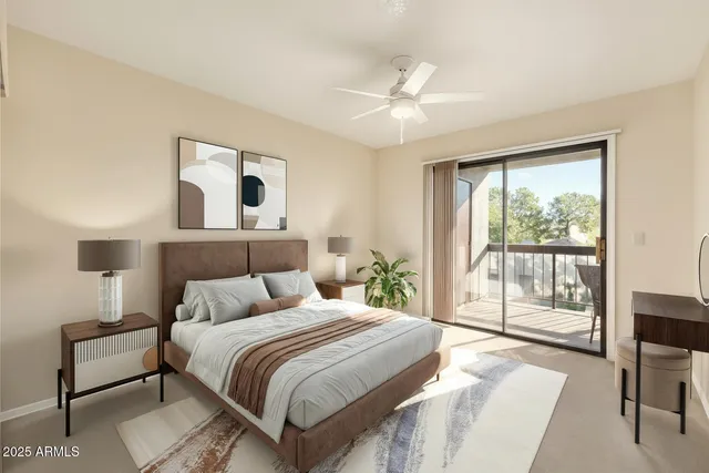 a bedroom with a large bed and a window