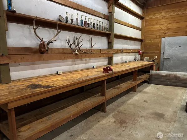 a view of a room with racks on the wall