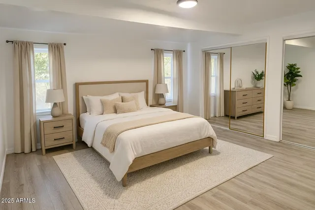 a bedroom with a large bed and a potted plant