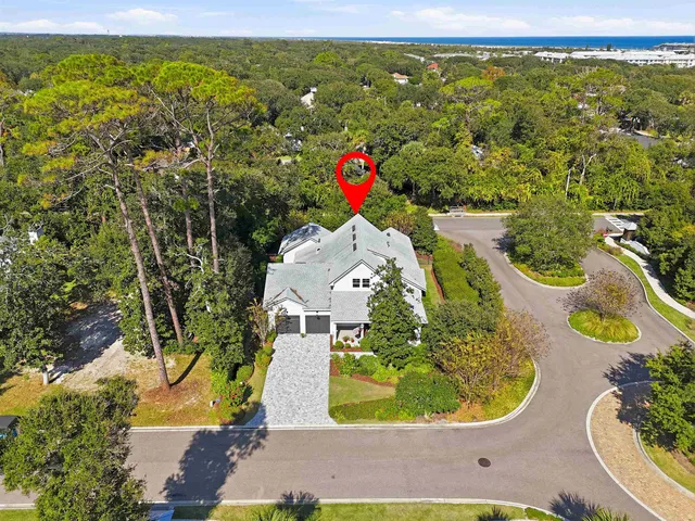 an aerial view of residential houses with outdoor space and trees