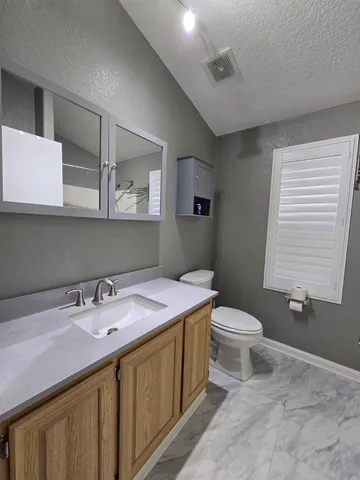 a bathroom with a granite countertop sink and a toilet